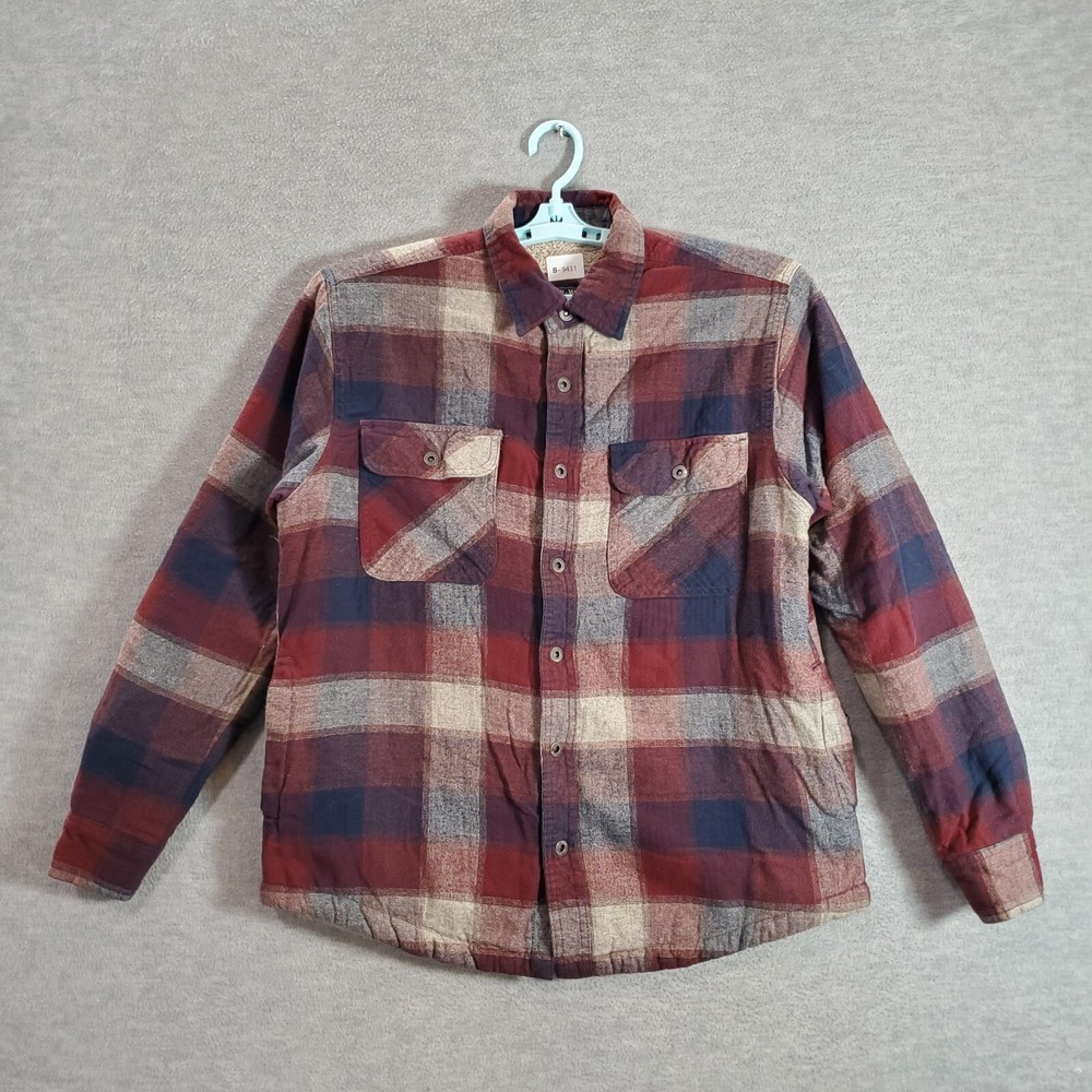 Grizzly Men Button Up Shirt Large Red‎ Plaid Flannel Sherpa Fleece Pockets